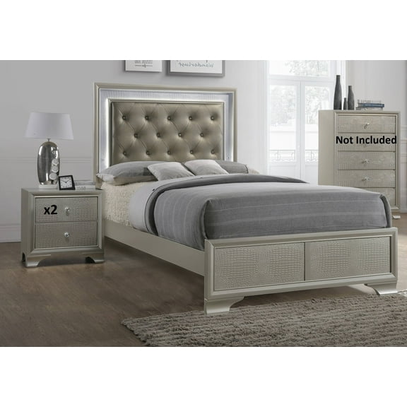 Modern Champagne Faux Finish 3pc Twin Size LED Backlit HB Bed and Storage Nightstand Wooden Bedroom Furniture Set