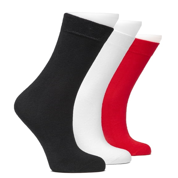 HUGH UGOLI Kids School Uniform Dress Socks, Solid Color, Soft Cotton, No Heel, Seamless Toe Socks for Girls & Boys, 3 Pairs, Assorted (Black, White, Red), 3-5 Years