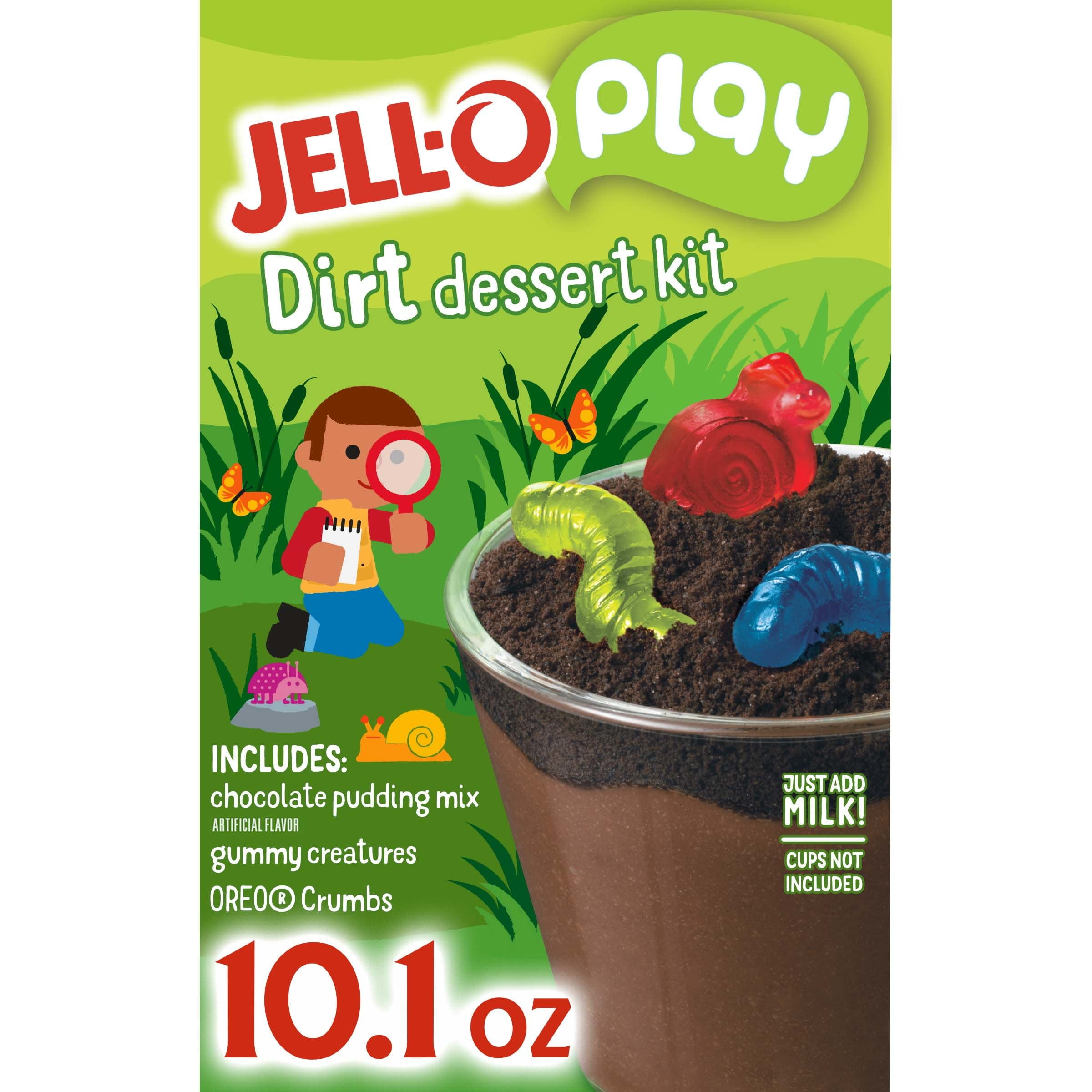 JellO Play Dirt Dessert Kit with Chocolate Pudding Mix, Gummy