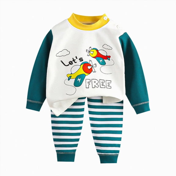 felwors Little Child Boys Pajamas Long Sleeve Crew Neck Cartoon Printing Top and Pants PJ Set Sleepwear Boys Outfits Sets (Dark Green,5-6 Years)