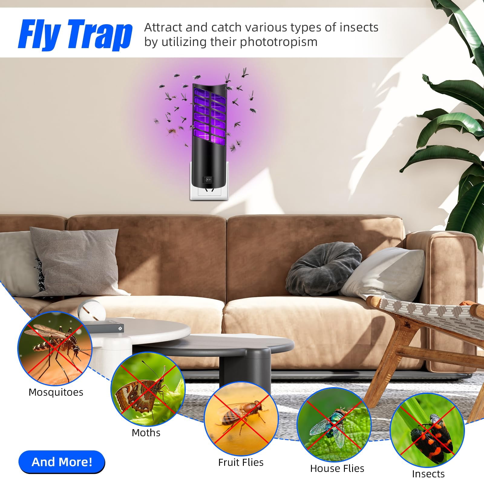 Flying Insect Trap Plug in Indoor Bug Zapper with 21 Purple Light Beads for Mosquito Moth Fruit Fly Gnat, Professional Home Flying Insect Killer Catcher, Safe for Kids & Pets (2 Devices+20 Refills)