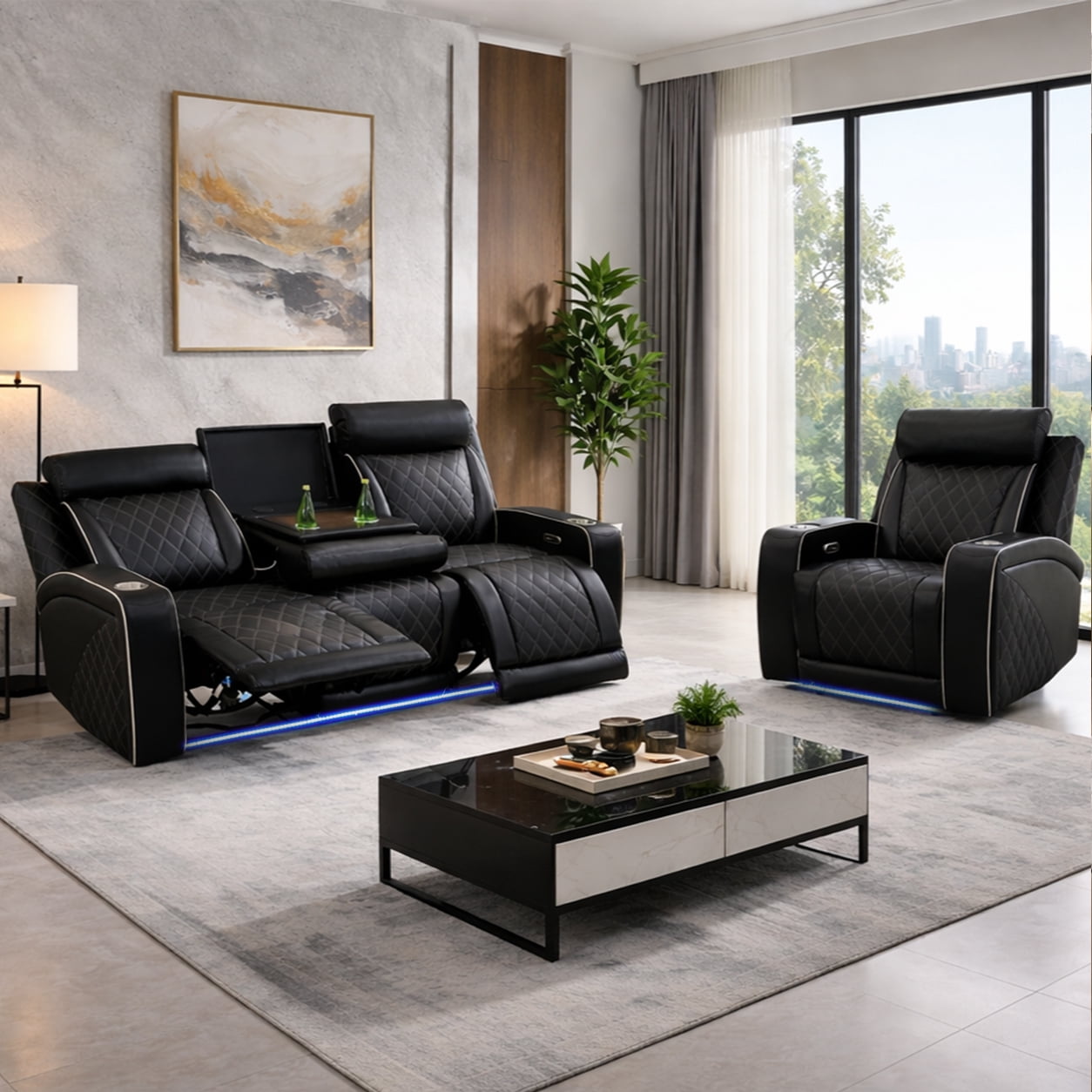 Gewnee 3-Seat Power Adjustable Sofa with One Recliner, Console & Cup Holders, Air Leather, Adjustable Reclining Angles, Suitable for Living Room, Black