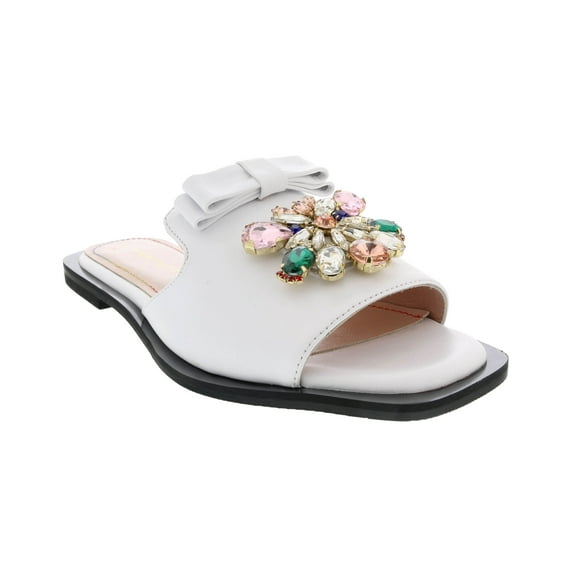Ventutto White Crystal Embellished Bow Flat Leather Slide-8 for womens