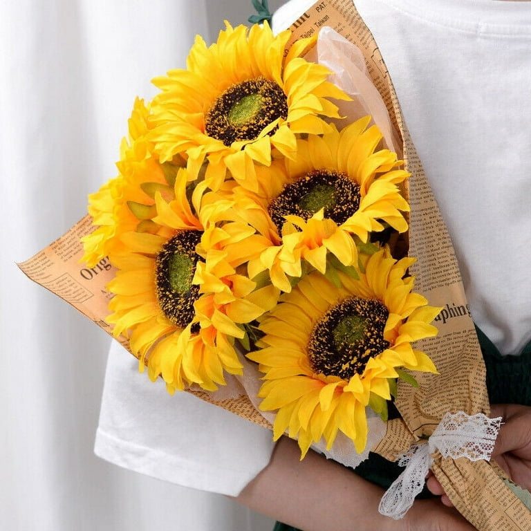 Ageomet Sunflowers Artificial Flowers Bouquet with Stems, 4 Fake Silk Faux  Sunflower Arrangement for Home Wedding Kitchen Table Bridal Baby Shower