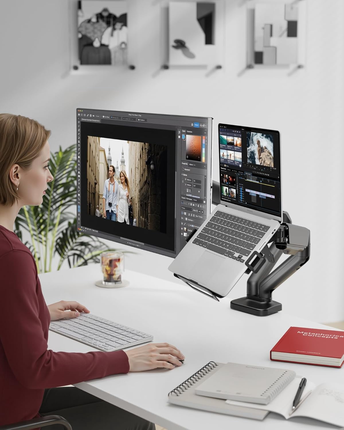 monTEK Monitor and Laptop Mount for 17"-32" Screens & 12"-18" Laptops, Dual Monitor Arm with Adjustable Laptop Tray, Full Motion Desk Mount with Clamp/Grommet Base, VESA 75x75/100x100, Black