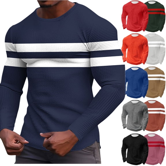 JPVDPA Waffle Knit Tops for Men Slim Fit Striped T-shirt Crewneck Long Sleeve Casual Workout Tee Shirts Pink L