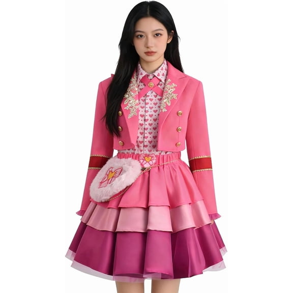 Zydvens Womens Pink Wonderland Cosplay Costume Set - 5 Pcs Heart Shirt Crop Jacket Skirt Bag Outfit Halloween Party Comic Con Stage Apparel Accessories