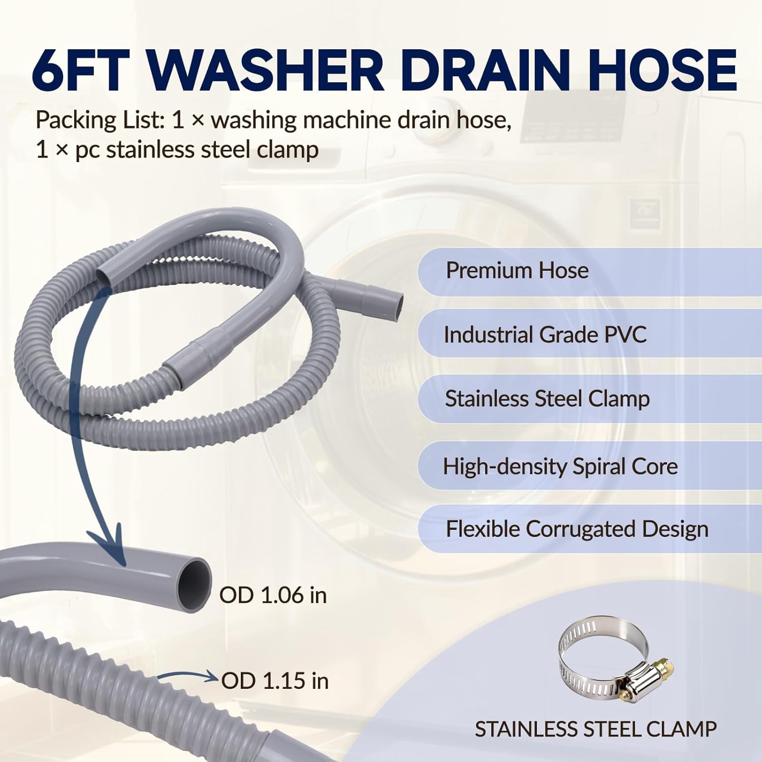 6FT Universal Washer Drain Hose, Leak-Proof & Cut-to-Fit PVC Hose, Compatible with Whirlpool, LG, Samsung Washing Machines/Dishwashers/Dryers