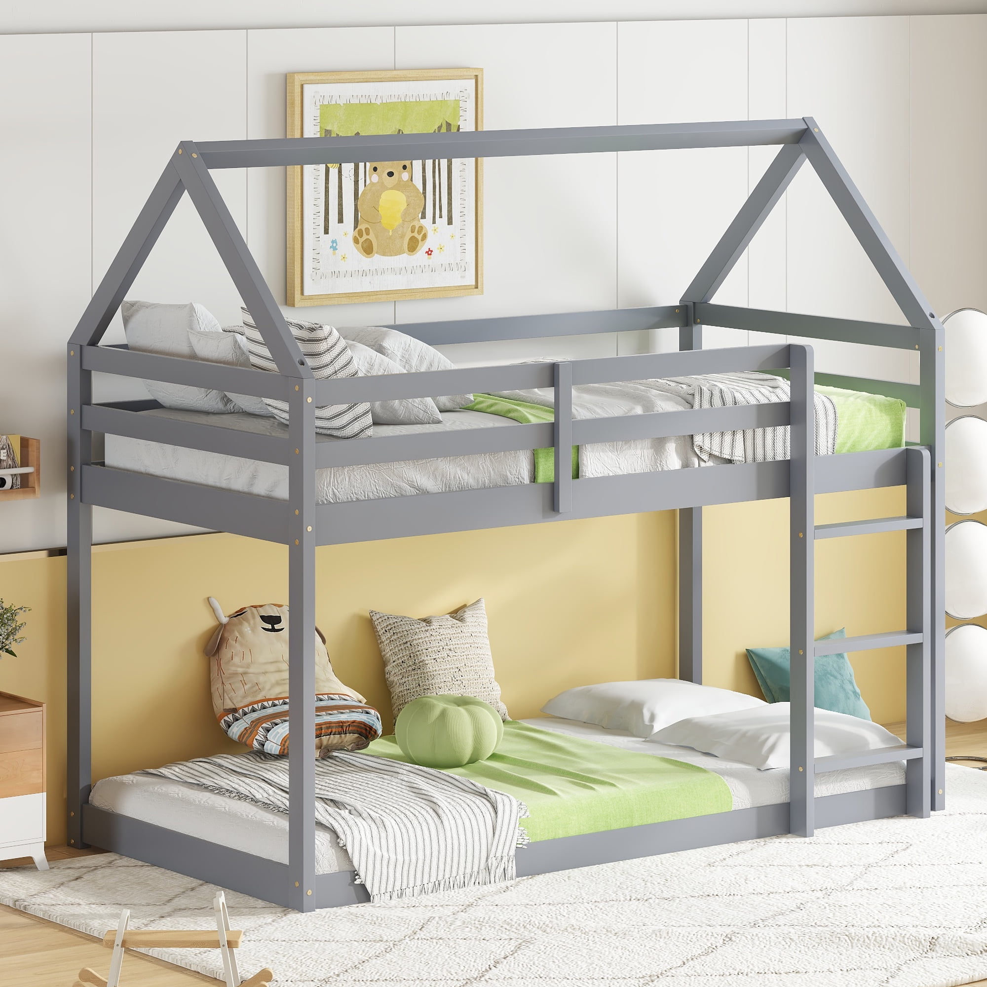 Sailvan Twin over Twin Rubber Wood Floor Bunk Bed, with ladder,Guardrails,House-Shaped-Bunk Bed