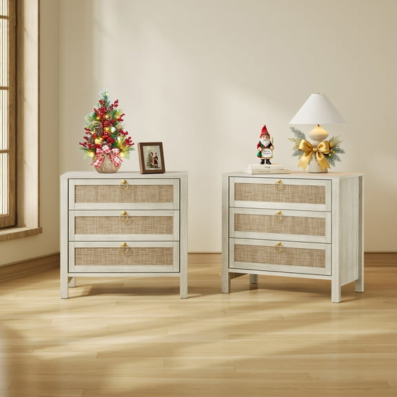 SICOTAS 26.78"W White Nightstand 3 Drawer Dresser Set of 2, Boho Night Stands Large Nightstand with 3 Drawers, Rattan Beside Table 25.67" Tall End Table for Bedroom Enterway Living Room
