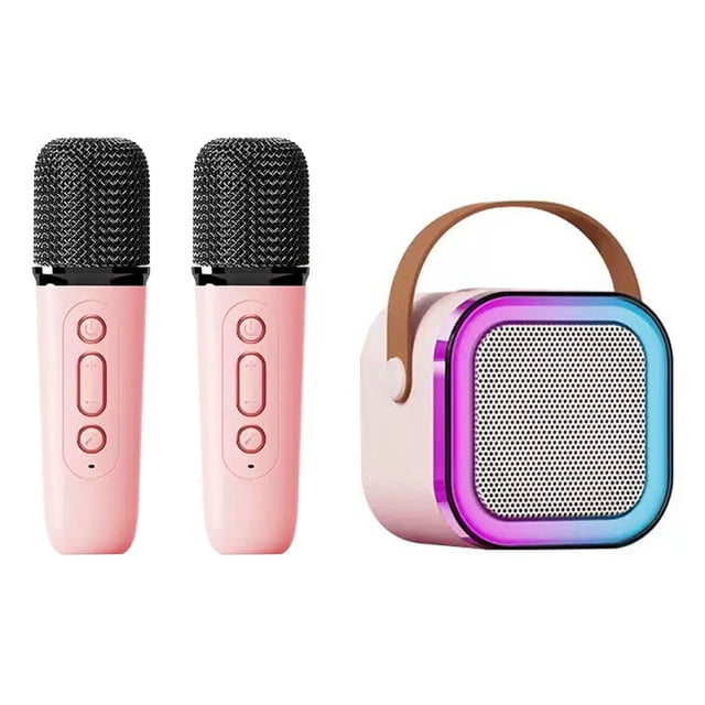 Mini Karaoke Machine Karaoke Speaker with Wireless Microphone Light Effects Portable Karaoke System with Battery for Home Party Pink with 2 Microphone
