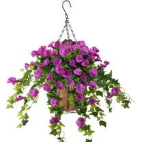 Artificial Vine Silk Azalea Flowers,Hanging Plant in Basket, Ivy Basket Hanging Plant for Patio Lawn Garden Decor (Champagne)