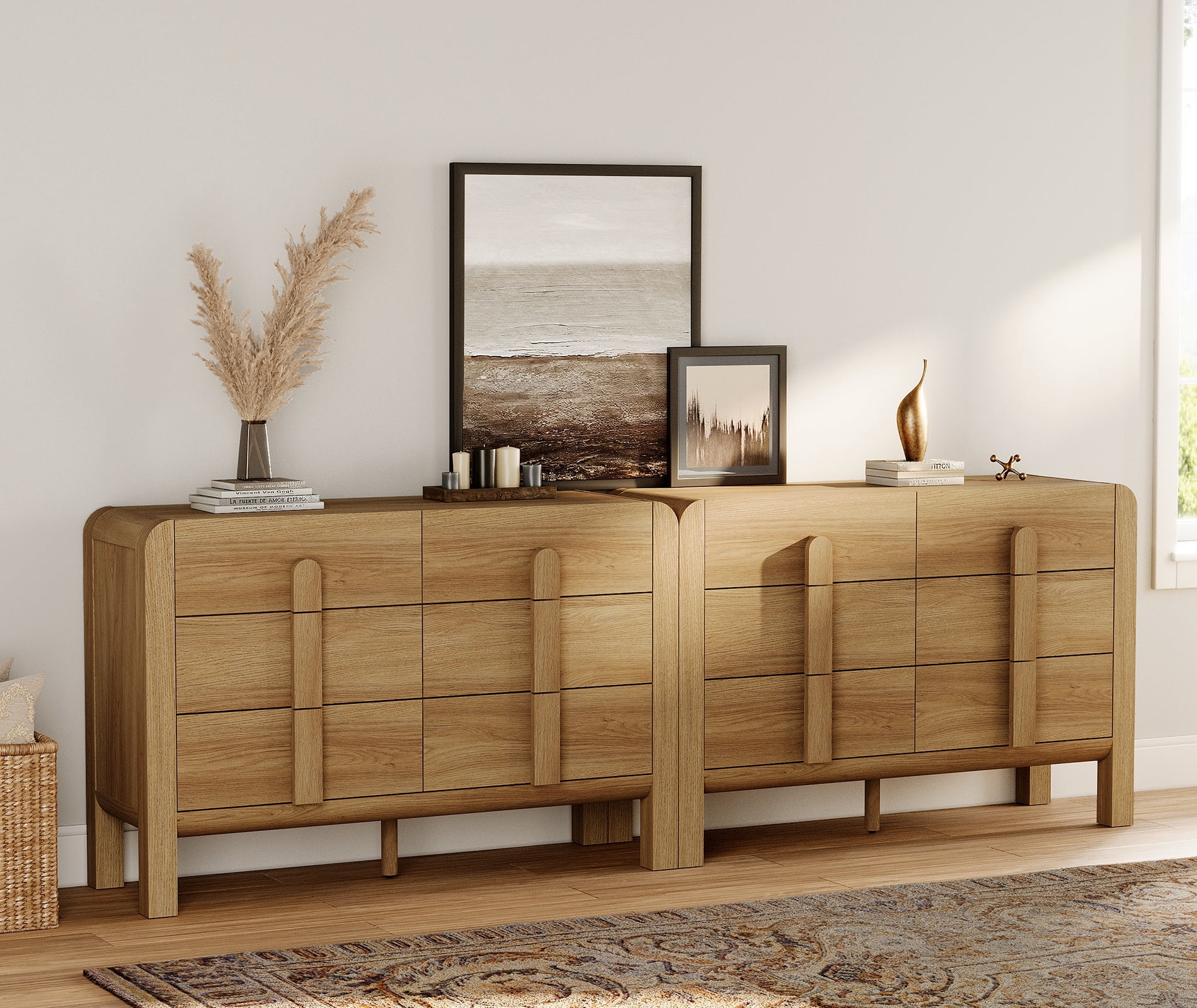 Mid Century 6 Drawer Dresser Set of 2, 47.2" Modern Chest of Drawers with Storage, Curved Profile Wood Double Dresser for Bedroom, Living Room, Hallway