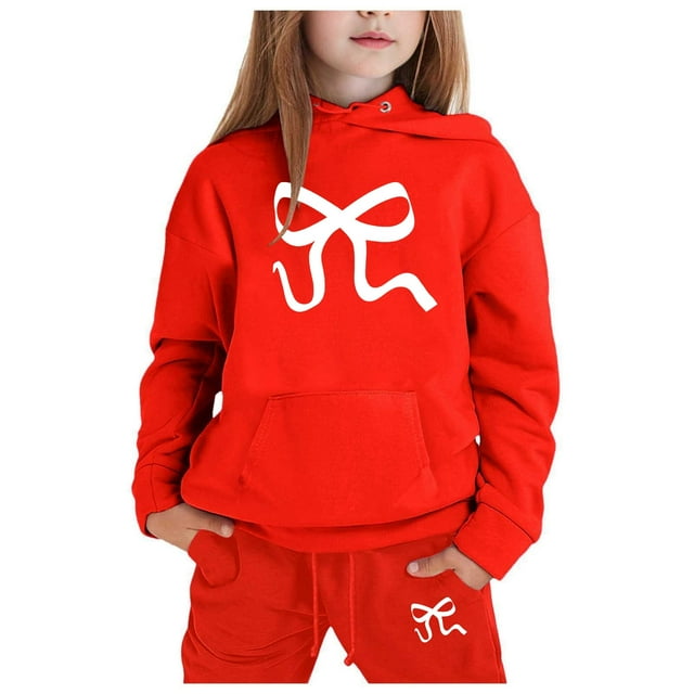GDREDA Girls Sets 2 Piece Outfits Spring Children's Hoodie Set With Bow Print Red,4-5Years