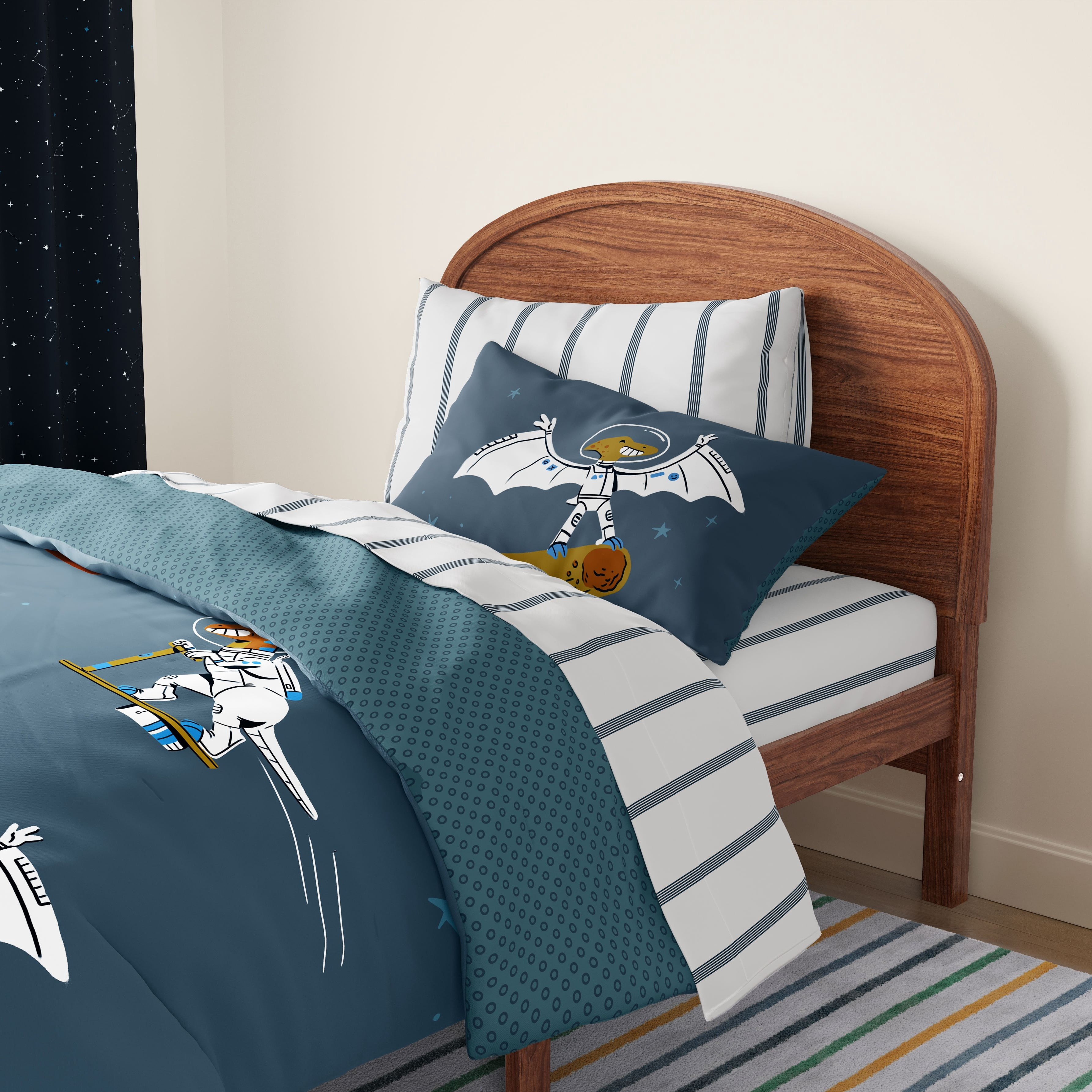 Mainstays Kids Glow in the Dark Space Dino Reversible Comforter Set with Sheets, Twin, 5 Pieces