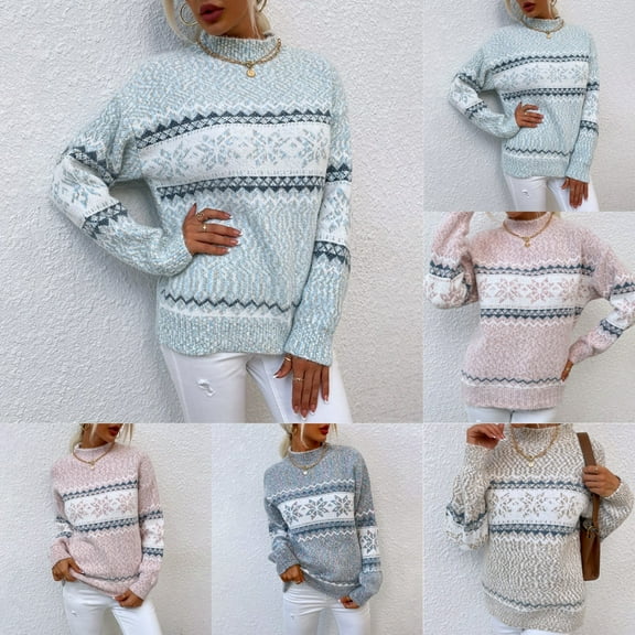 Christmas Knit Sweater Women's Turtleneck Snowflake Pullover for Fall and Winter, Festive and Warm, Ideal as Christmas Sweaters for Women and Christmas Gifts,Gray,Size L
