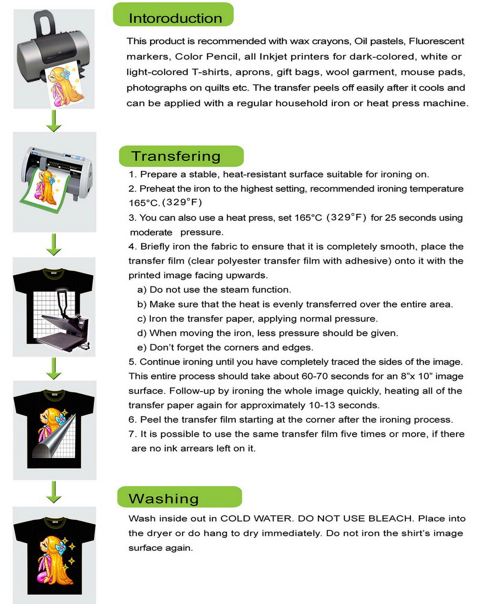 INTBUYING 20Sheets A4 Inkjet Dark Transfer Paper for DIY T-shirt Hat Cap Heat Press Printing