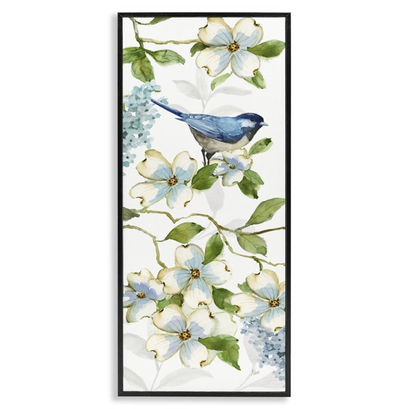 Stupell Industries Bird Perched on Dogwood Plants & Flowers Painting Black Framed Art Print Wall Art, 10 x 24