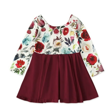 

US New Kids Baby Girl Flower Dress Cotton Children Long Sleeve T-Shirt Dress