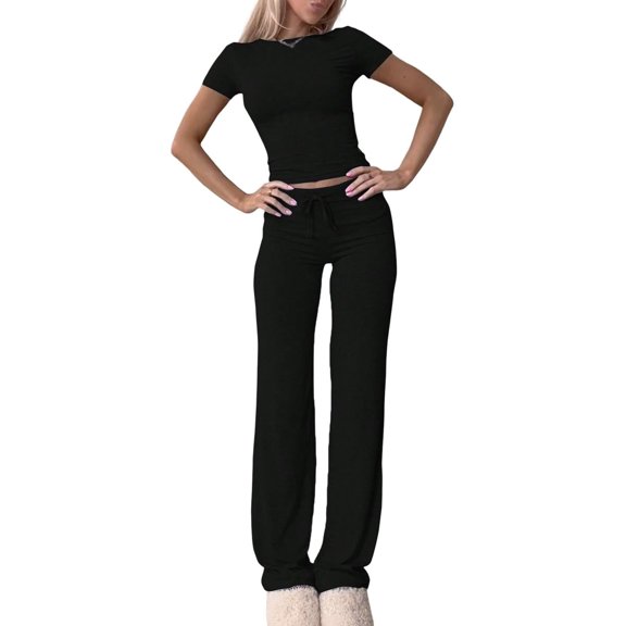 Quixlent Women's 2 Piece Lounge Sets Short Sleeve Crop Top And High Waist Wide Leg Pants Matching Tracksuit Summer Casual Workout Outfits
