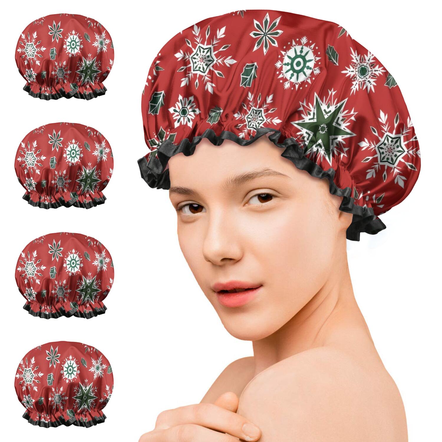 Shower Caps,Red Christmas Snowflake Pattern Waterproof Shower Cap for Women 4 Pieces,Double Reusable Hair Cover for Shower PEVA Elastic Stretch Hem