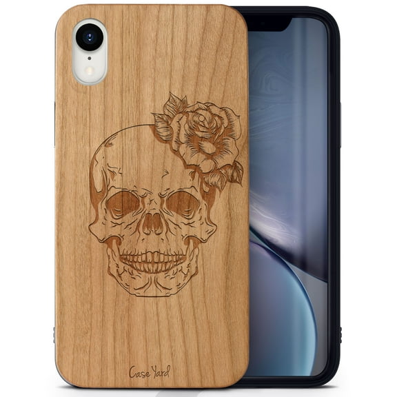 Case Yard Wooden Case Outside Soft TPU Silicone, Slim Fit Shockproof Wood Protective Phone Cover for Girls Boys Men and Women, Supports Wireless Charging Skull Flower Design case for iPhone-XR
