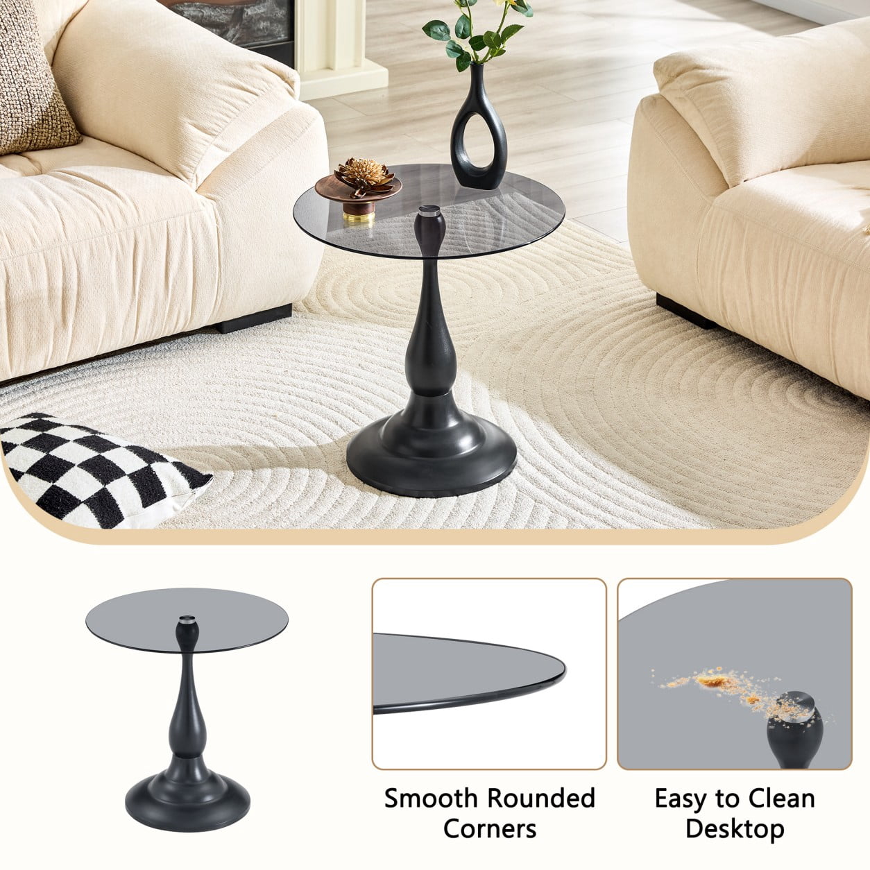 19.6" Round Side Table, Black Tempered Glass Top with Gray Metal Base, Modern End Table, Nightstand, Sofa Table for Living Room Bedroom
