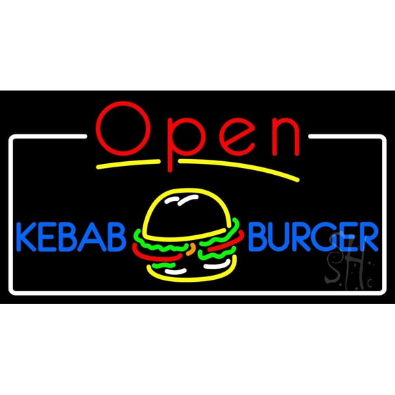 Kebab Burger Open LED Neon Sign 13 x 24 - inches, Clear Edge Cut Acrylic Backing, with Dimmer - Bright and Premium built indoor LED Neon Sign for restaurant window and interior decor.