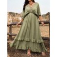 thumbnail image 4 of Olive Green Plus Size Casual Vacation Tie Front Ruffle Maxi Dress With V-Neck And Flared Sleeves, 4 of 7