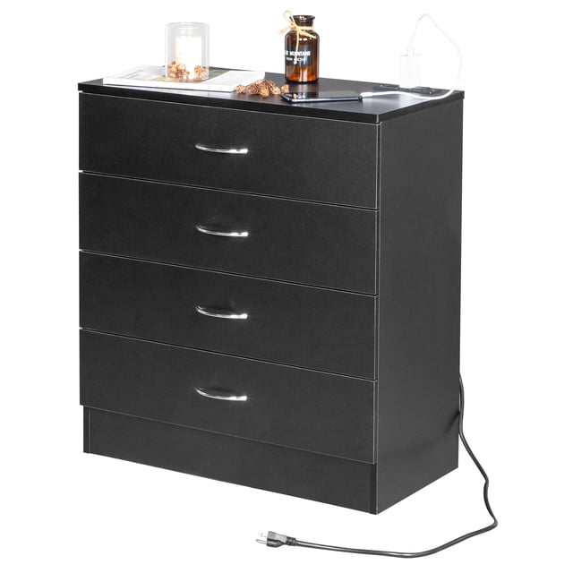 UBesGoo Commode avec 2 Prises de Courant et 2 Ports USB, Commode à 4 Tiroirs, Coiffeuse avec Station de Recharge, pour Chambre et Salon, Noir