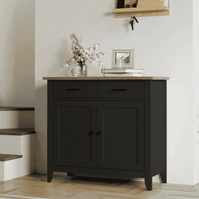Homfa Entryway Cabinet, Kitchen Storage Cabinet,Farmhouse Buffet Sideboard with 2 Drawers & 2 Doors, Coffee Bar with Storage for Dining Room Living Room, Balck