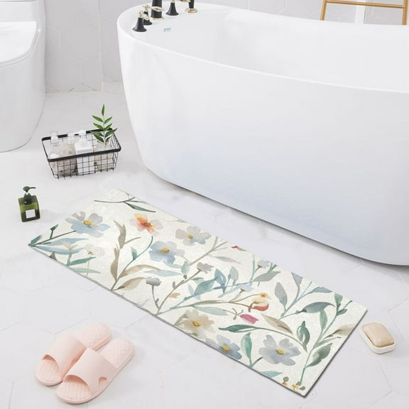 Bath Mat Soft Plush Non-Slip Absorbent Bathroom Rugs 39"x20" Watercolor Wildflowers