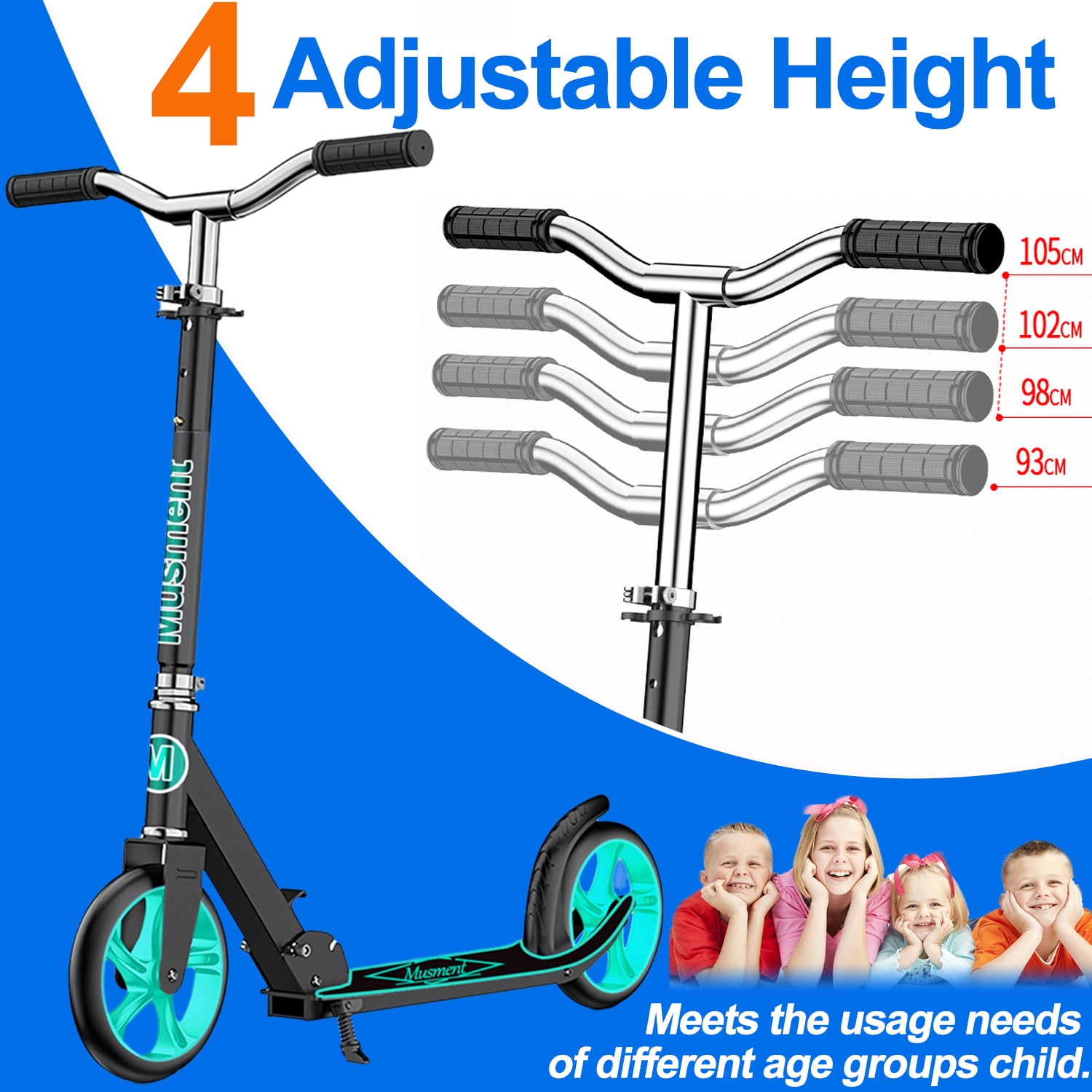 Foldable Scooter -200mm Big Wheels 4 Levels Height Adjustable for Kid, Teens  - Unisex, Black
