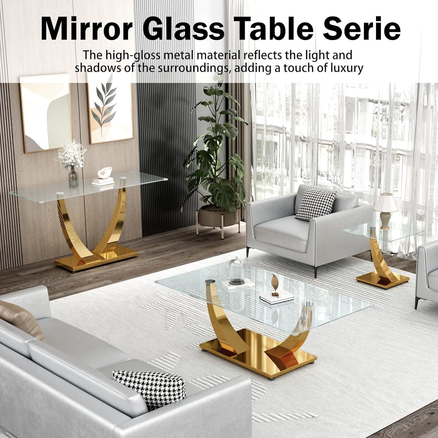 23.6" Modern Glass End Table, Square Sofa Side Coffee Table with Mirrored Stainless Steel Base for Living Room, Home Office.