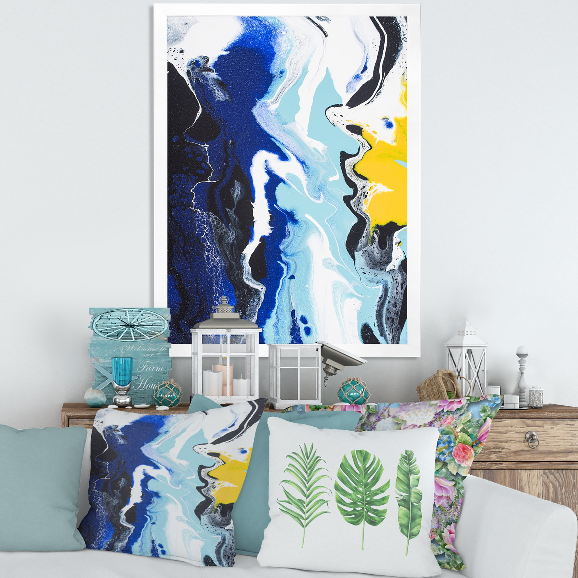 Designart 'Abstract Blue and Yellow Waves' Modern Framed Art Print