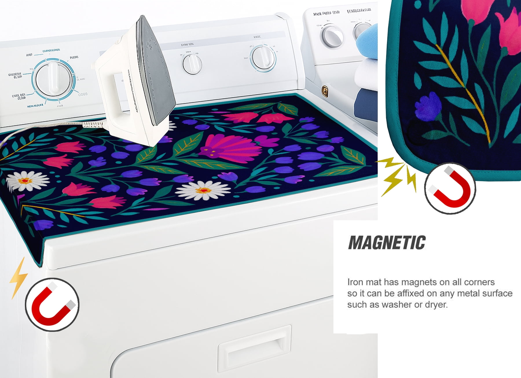 Vargottam Magnetic Ironing Mat - Foldable Cotton Iron Mat with Fiber Pad & Silicone Iron Rest - Portable, Washable, Travel-Friendly Ironing Board Alternative for Tabletop, Washer, Dryer - Floral