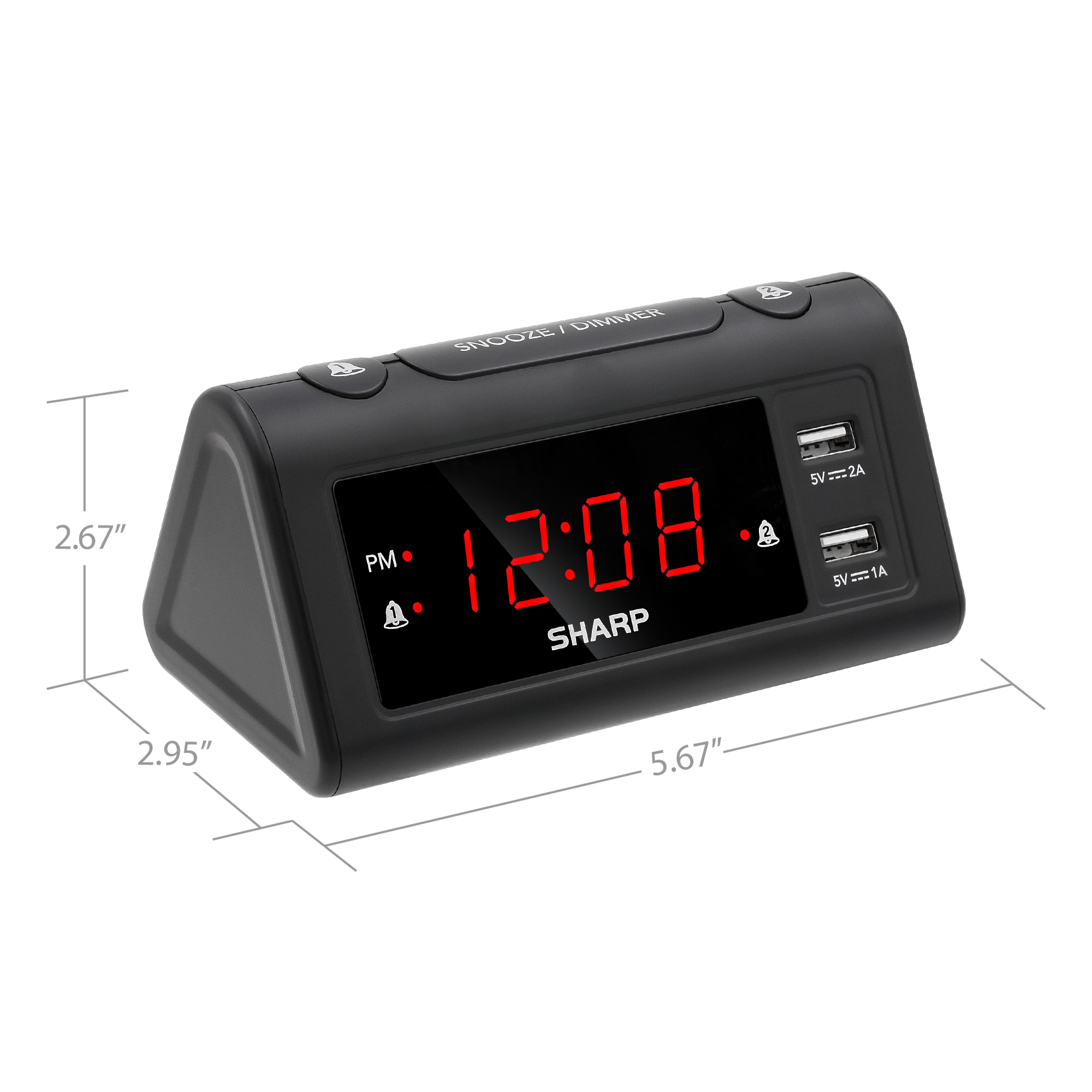 Sharp Dual Alarm Clock With 2 X Usb Charge Ports Black With Red Led Display