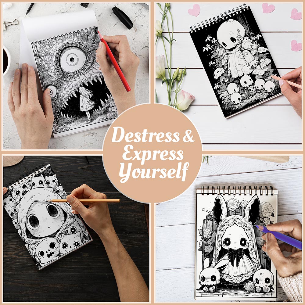 Netecom Creepy Cuteness Coloring Book Spiral Bound For Adults, A5 Wooden Cover, 30 Whimsical Coloring Pages of Adorably Spooky Creatures for Stress Relief and Relaxation