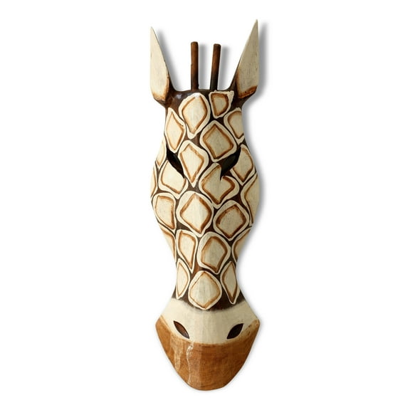 20" African Wooden Tribal Giraffe Mask Hand Carved Wall Plaque Hanging Home Decor Accent Unique Sculpture Decoration Handmade Handcrafted Square Motif