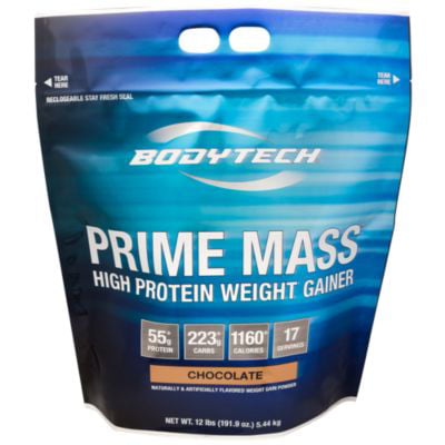 BodyTech Prime Mass  High Protein Weight Gainer  With 55 Grams of Protein per Serving to Support Muscle Growth  Performance Blend of Creatine, Glutamine  BCAA's  Rich Chocolate (12