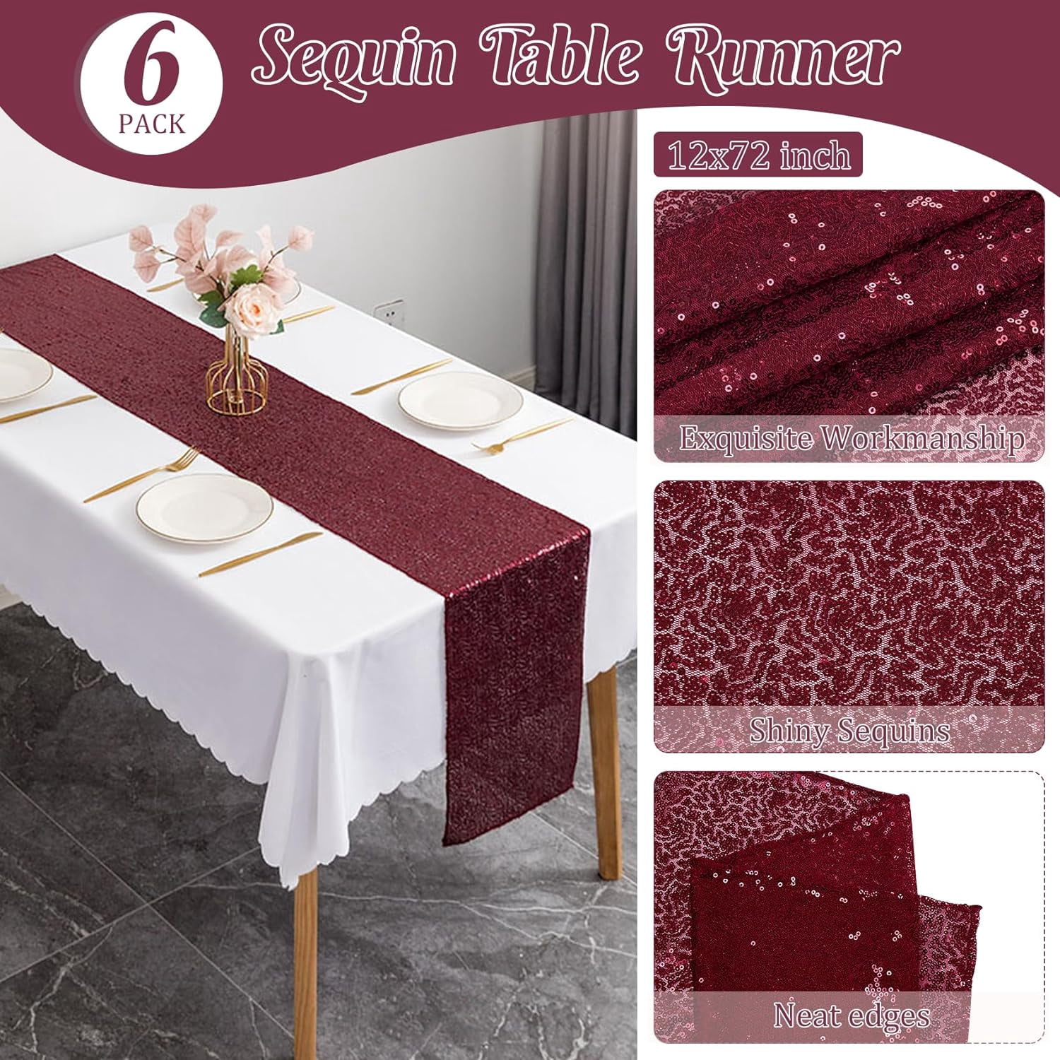 6 Pack Burgundy Sequin Table Runners 12" x 72" Sparkle Sequin Table Cloths for Wedding Party Banquet Bridal Shower Decorations