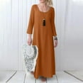 thumbnail image 2 of Ygbgbb Womens Plus Size Cotton Linen Fall Dresses Solid Color Long Sleeve Dresses Round Neck Pleated Waist Casual Maxi Dress Brown XXXXL, 2 of 6