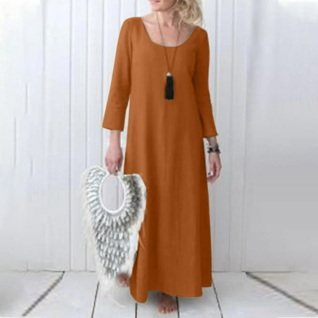EGNMCR Robes de Fête pour Femmes Mode Robe Femme Printemps/été Col en V Manches 3/4 Coton Lin