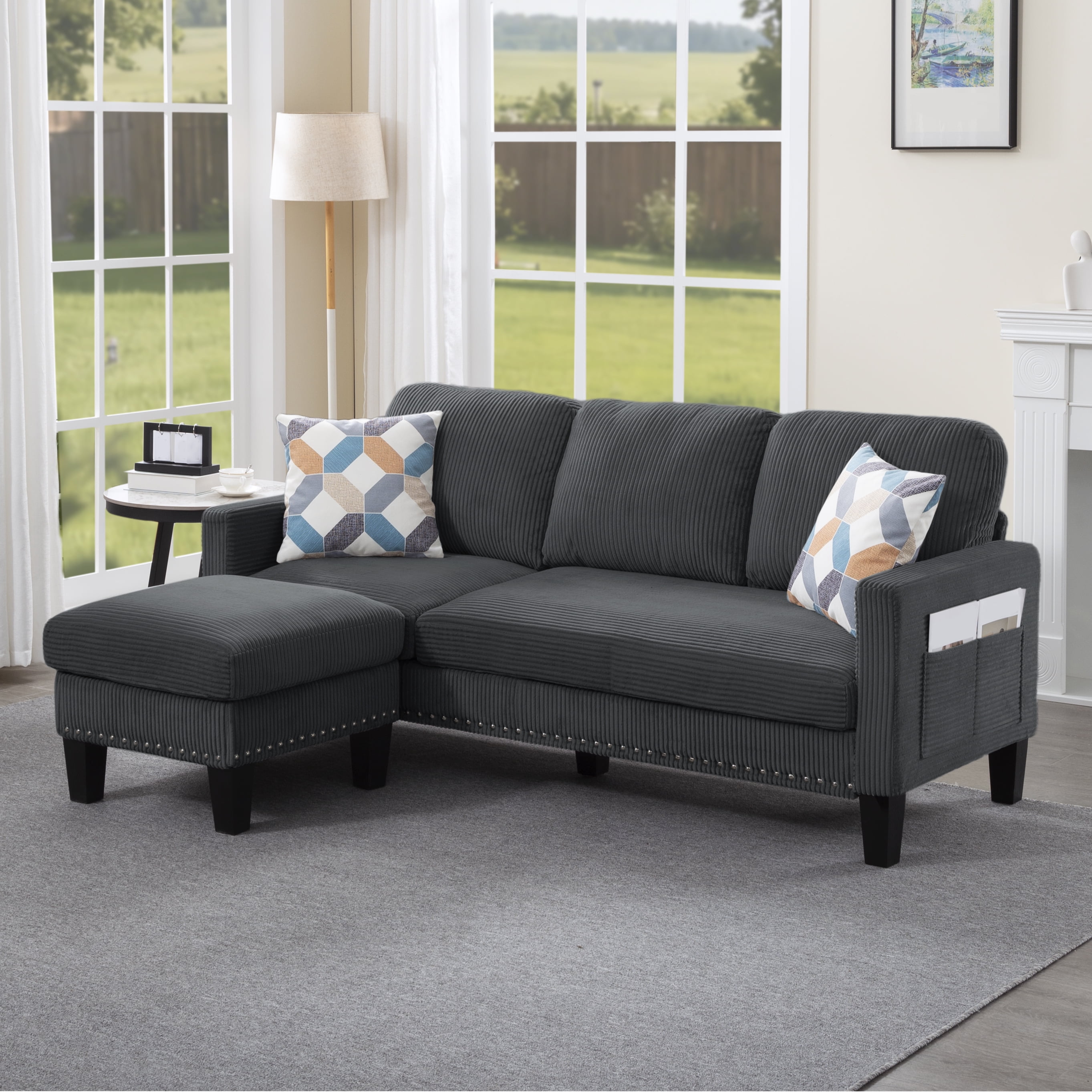 Gewnee 72.64"L-Shaped Sectional Sofa with Movable Ottoman,3-Seater Modern Reversible Chaise,Storage Pocket&Pillows,for Living Room,Office.Dark Grey