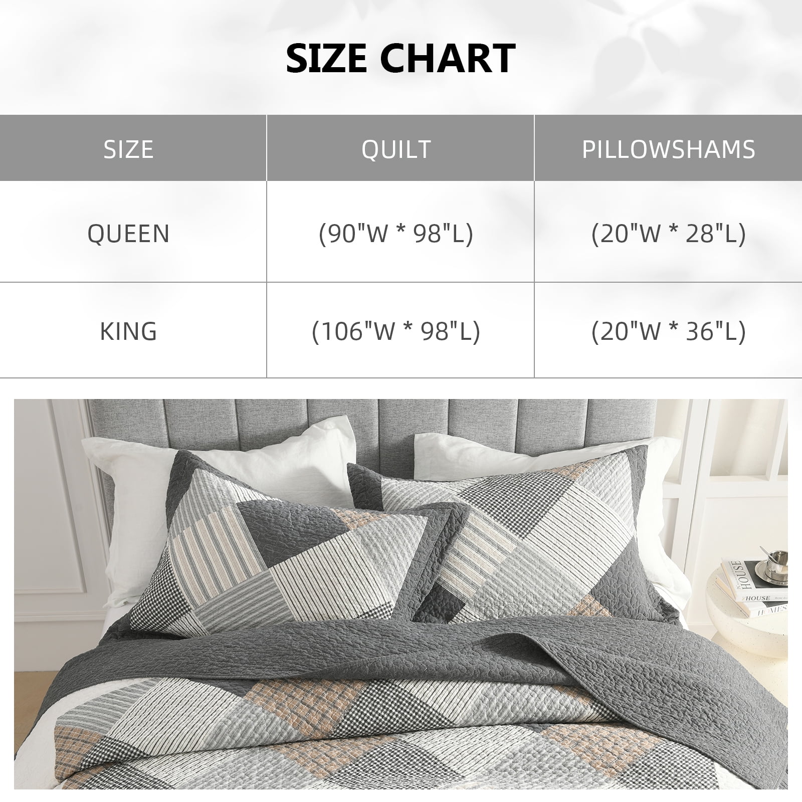 PANGUSHAN 100% Cotton Quilt Set King Size, 3pcs Plaid Bedspread Quilt Bedding Set for King Bed, Reversible Lightweight Comforter Bed Spread for All Seasons, Dark-Gray/White/Brown