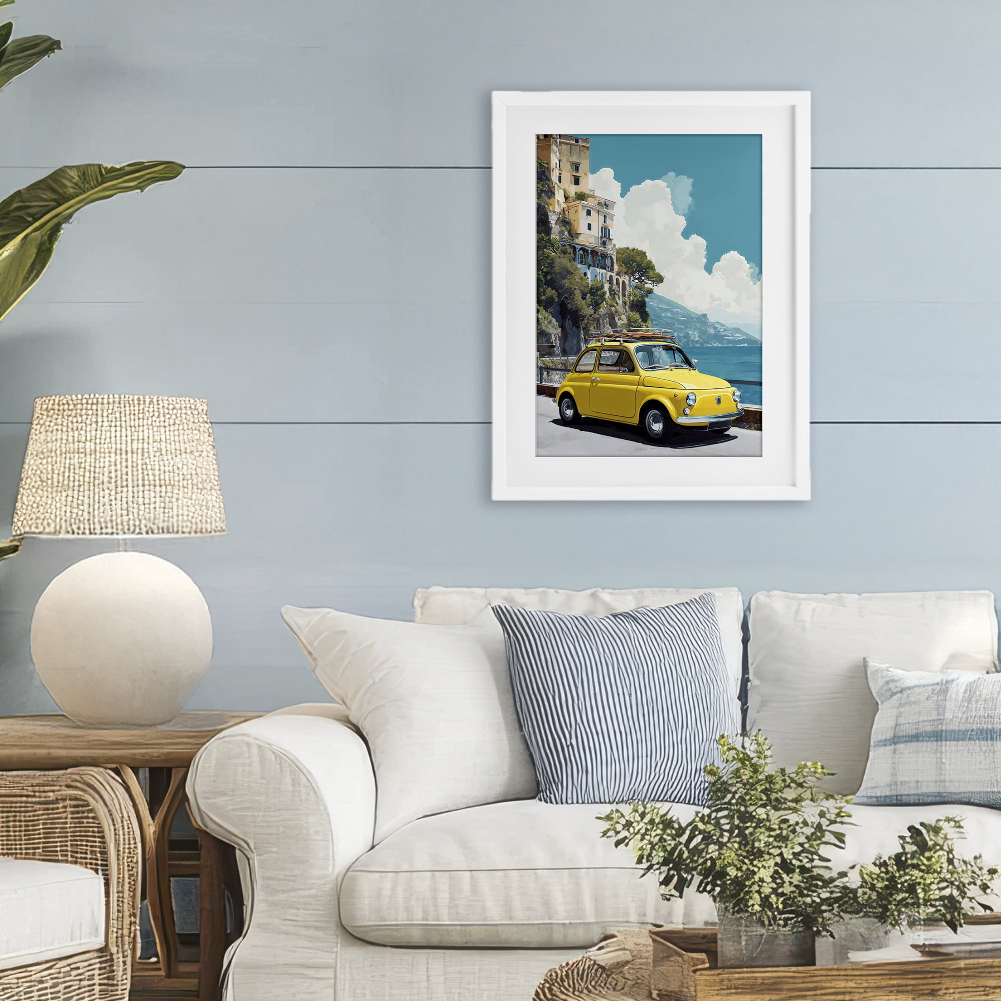 Stupell Industries Yellow Car on Coast White Framed Print Under Glass, design by Petal Prints Design