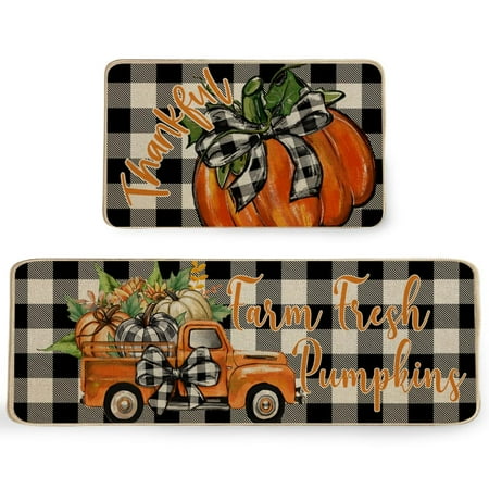 

ARKENY Pumpkin Truck Fall Kitchen Rugs Set of Black and White Plaid Seasonal Decorative Kitchen Mats for Floor Autumn Thanksgiving Non-Slip Absorbent Rug and Door Mats-17x29 and 17x47 Inch-AKM079 C43