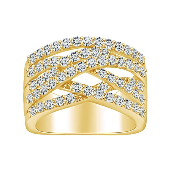 AFFY (1.53 Cttw) Round Shape White Natural Diamond Crisscross Anniversary Band Ring In 14k Solid Yellow Gold Ring Size-5