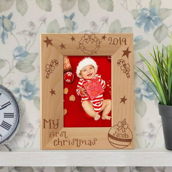 My First Christmas Personalized Wooden Picture Frame 3 1/2" x 5" Brown (Vertical)