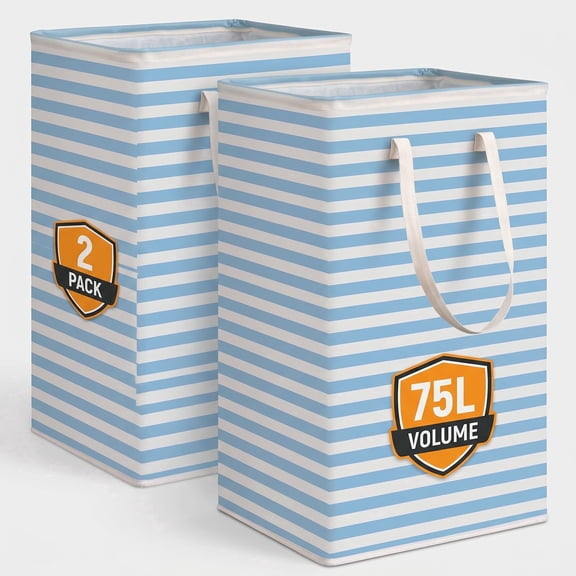 2-Pack 75L Laundry Baskets, Large Capacity Foldable Laundry Bags with Handles, Freestanding Waterproof Storage Bags, Suitable for Laundry Room, Bedroom, Bathroom, College Dorm, Blue Stripe Pattern